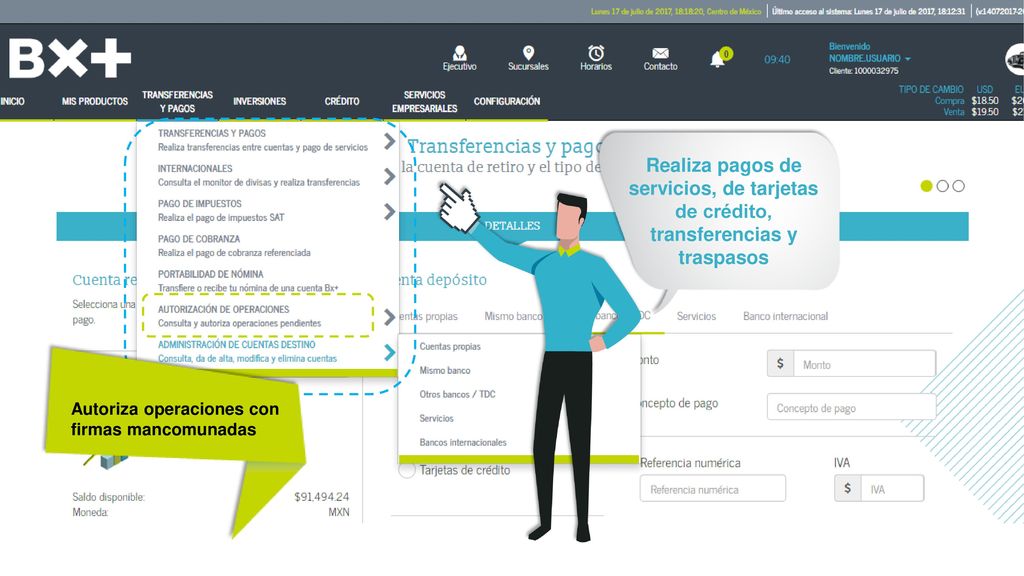 Realiza pagos de servicios, de tarjetas de crédito, transferencias y traspasos
