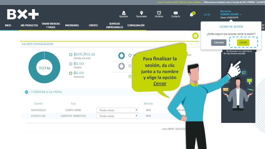 Para finalizar la sesión, da clic junto a tu nombre y elige la opción Cerrar