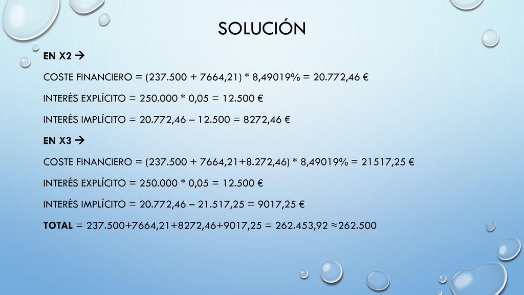 solución En X2  COSTE FINANCIERO = ( ,21) * 8,49019% = ,46 € INTERÉS EXPLÍCITO = * 0,05 = €