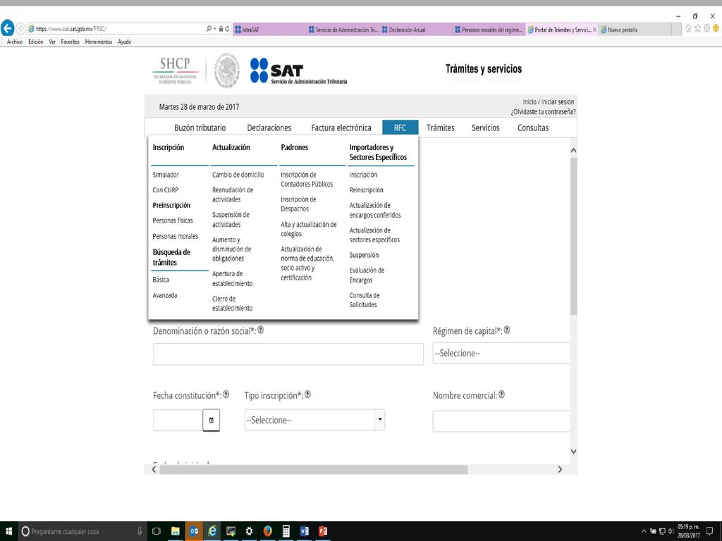 Paso 1 En el Portal de internet del SAT ingrese en el menú Trámites y Servicios- Tramites- RFC y Padrones y seleccione pre-Inscripción en el RFC.