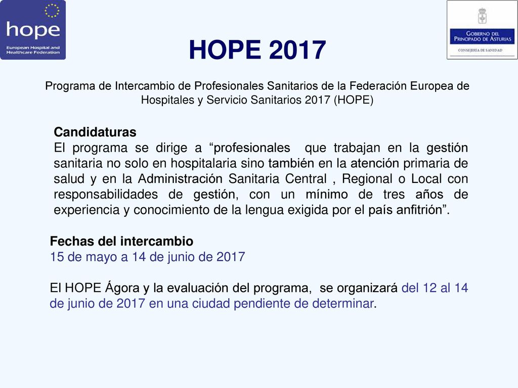 HOPE 2017 Programa de Intercambio de Profesionales Sanitarios de la Federación Europea de Hospitales y Servicio Sanitarios 2017 (HOPE)