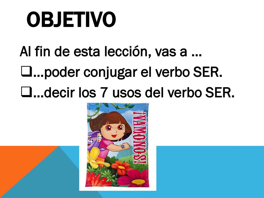 Objetivo Al fin de esta lección, vas a … …poder conjugar el verbo SER.
