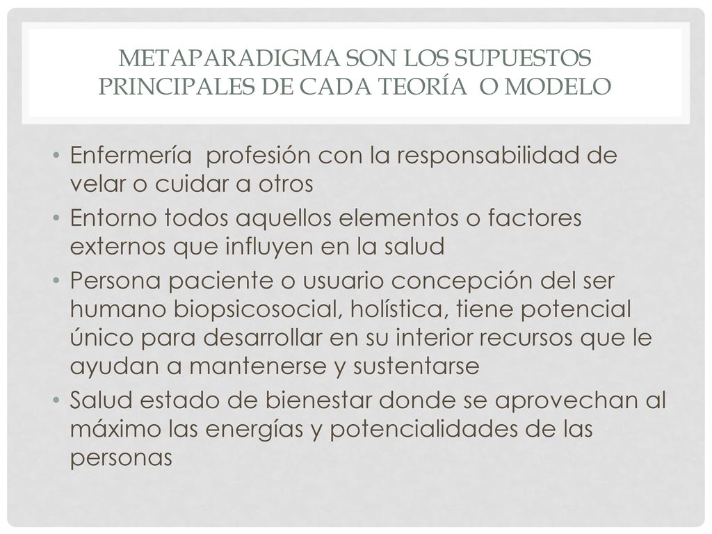 Metaparadigma son los supuestos principales de cada teoría o modelo
