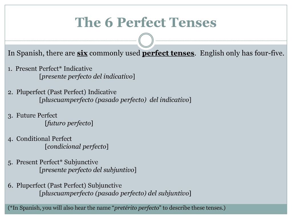 The 6 Perfect Tenses In Spanish, there are six commonly used perfect tenses. English only has four-five.