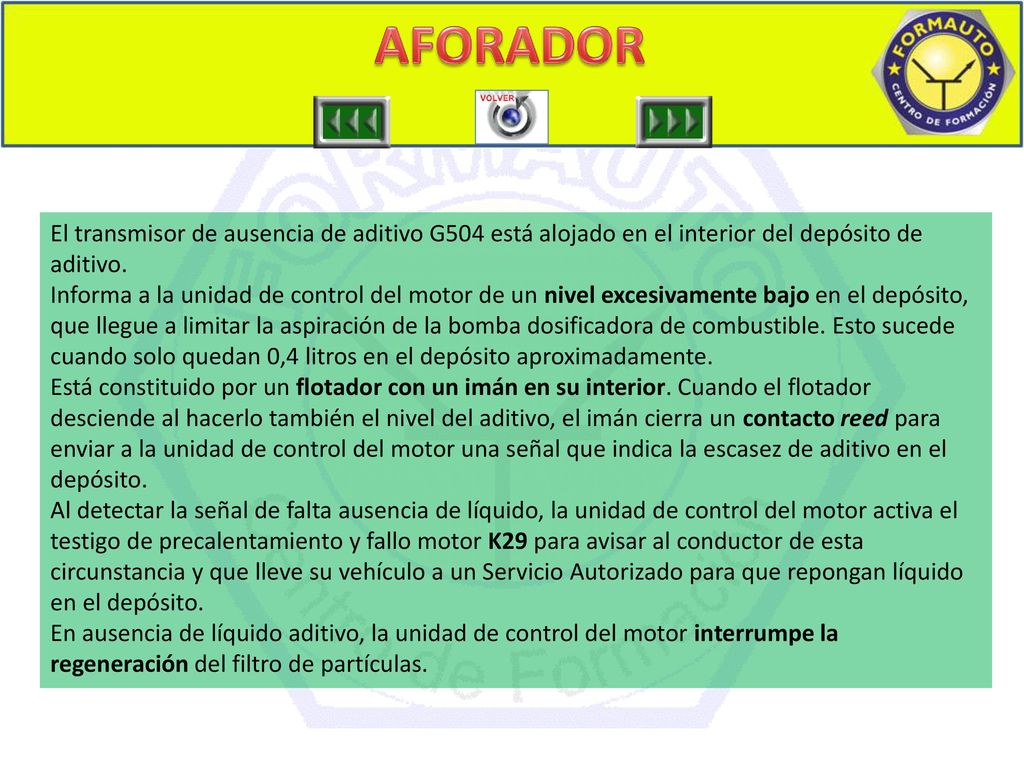 AFORADOR DEPOSITO DE ADITIVO 5. El transmisor de ausencia de aditivo G504 está alojado en el interior del depósito de aditivo.