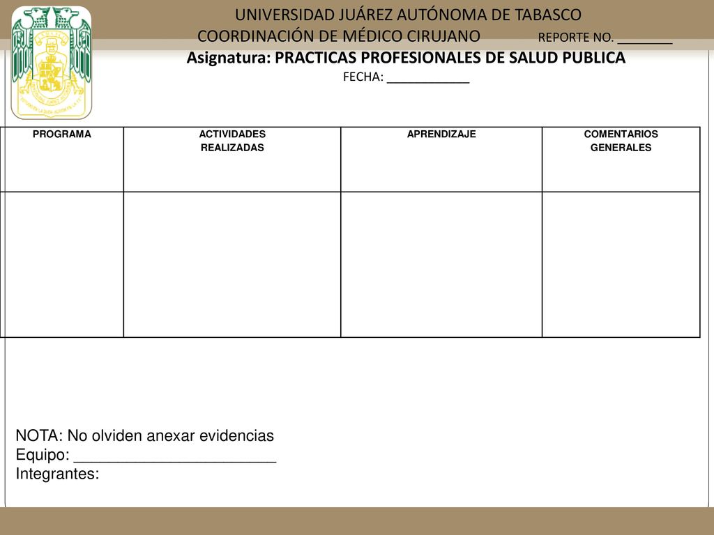 UNIVERSIDAD JUÁREZ AUTÓNOMA DE TABASCO COORDINACIÓN DE MÉDICO CIRUJANO REPORTE NO.
