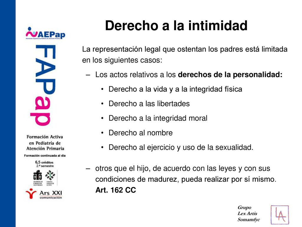 Derecho a la intimidad La representación legal que ostentan los padres está limitada en los siguientes casos: