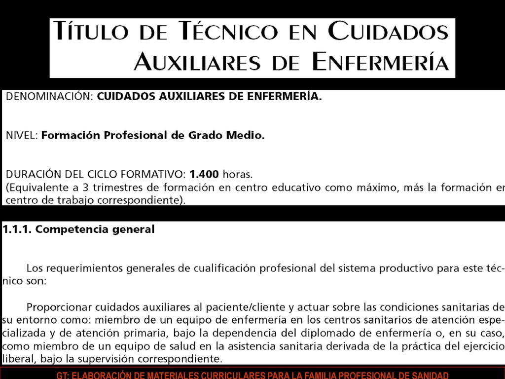 GT: ELABORACIÓN DE MATERIALES CURRICULARES PARA LA FAMILIA PROFESIONAL DE SANIDAD