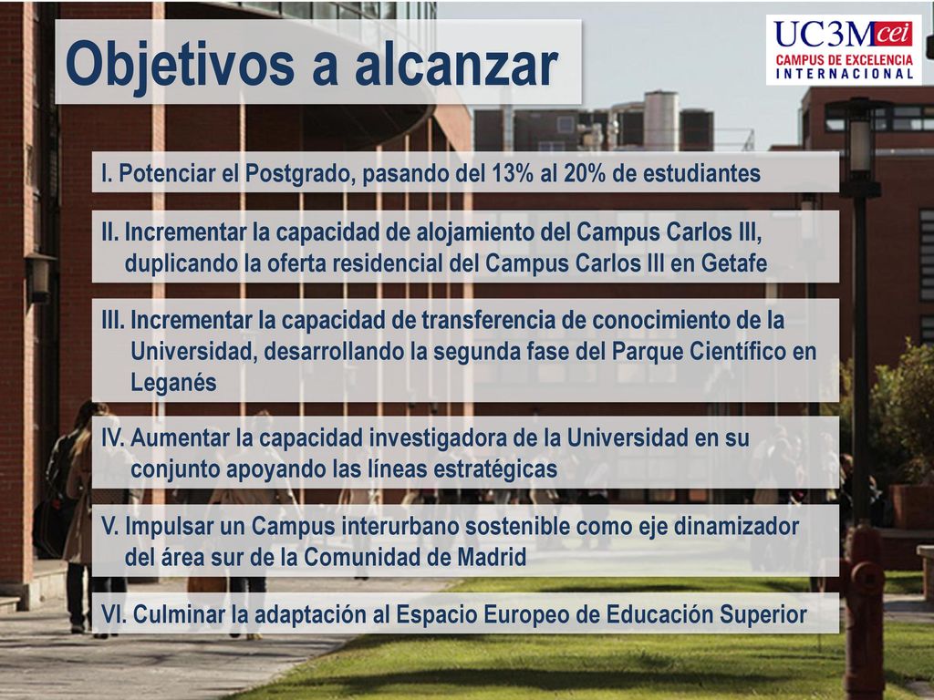 Objetivos a alcanzar I. Potenciar el Postgrado, pasando del 13% al 20% de estudiantes.