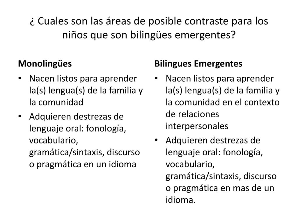 ¿ Cuales son las áreas de posible contraste para los niños que son bilingües emergentes