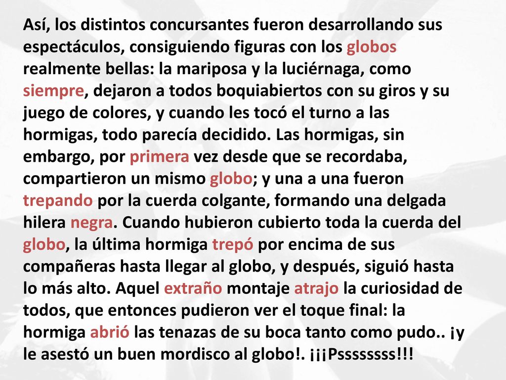 Así, los distintos concursantes fueron desarrollando sus espectáculos, consiguiendo figuras con los globos realmente bellas: la mariposa y la luciérnaga, como siempre, dejaron a todos boquiabiertos con su giros y su juego de colores, y cuando les tocó el turno a las hormigas, todo parecía decidido.
