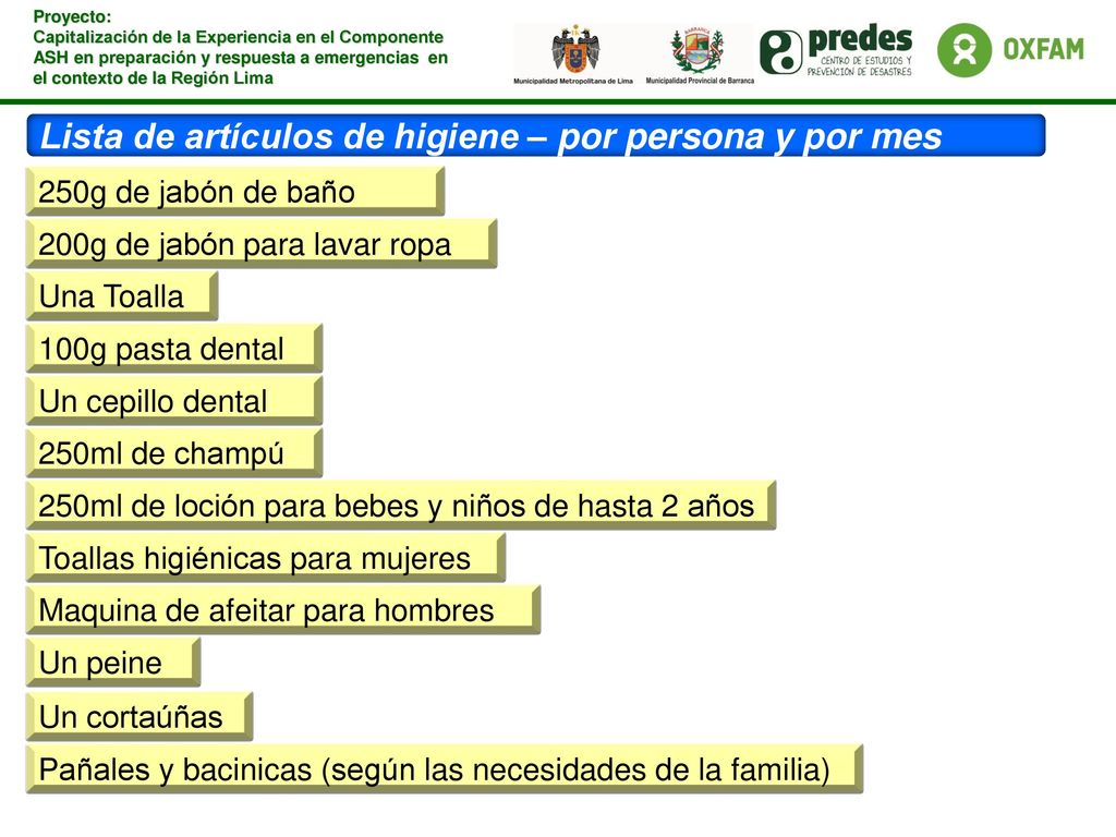 Lista de artículos de higiene – por persona y por mes