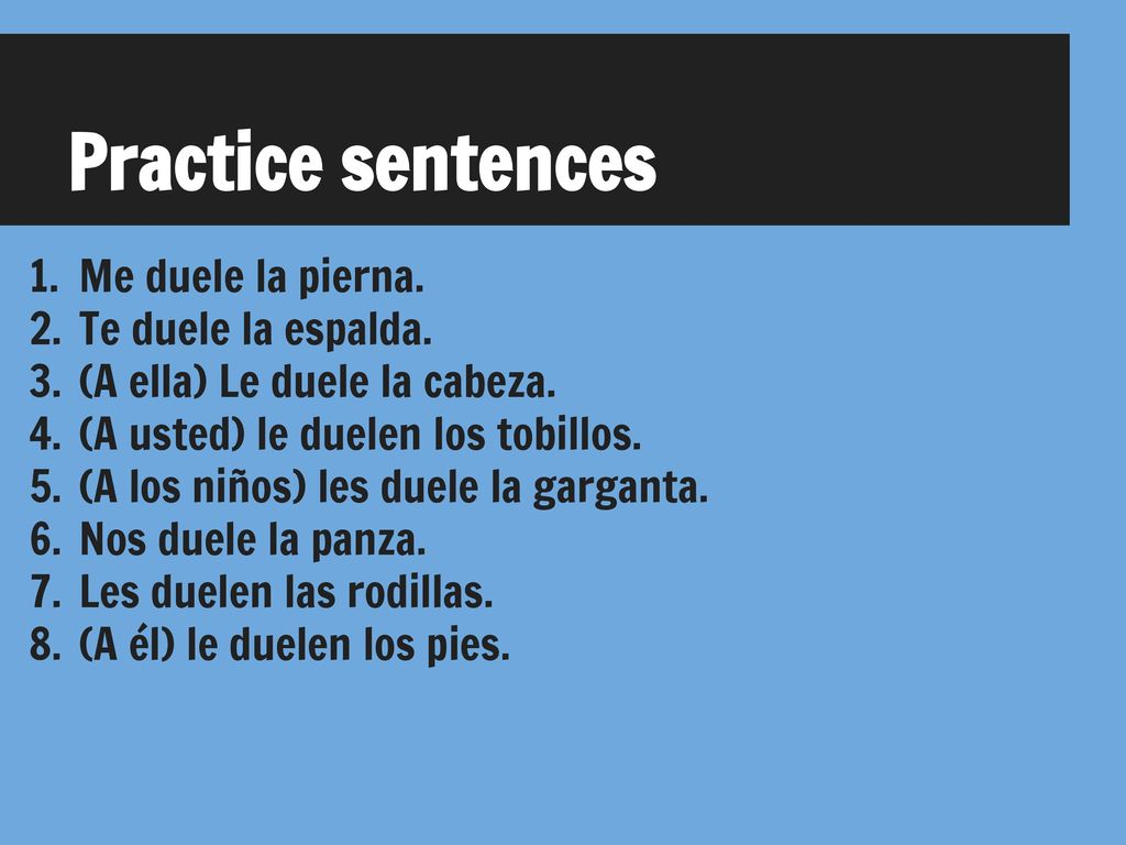 Practice sentences Me duele la pierna. Te duele la espalda.