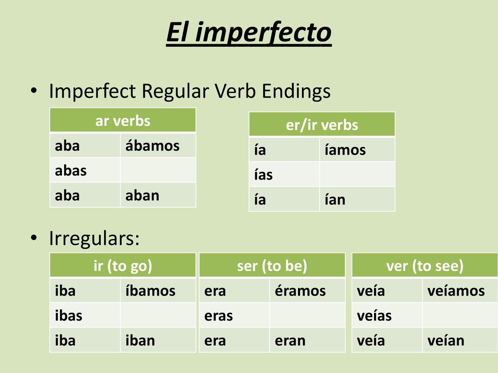 El imperfecto Imperfect Regular Verb Endings Irregulars: ar verbs aba
