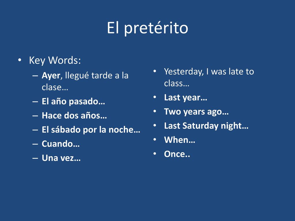 El pretérito Key Words: Yesterday, I was late to class…