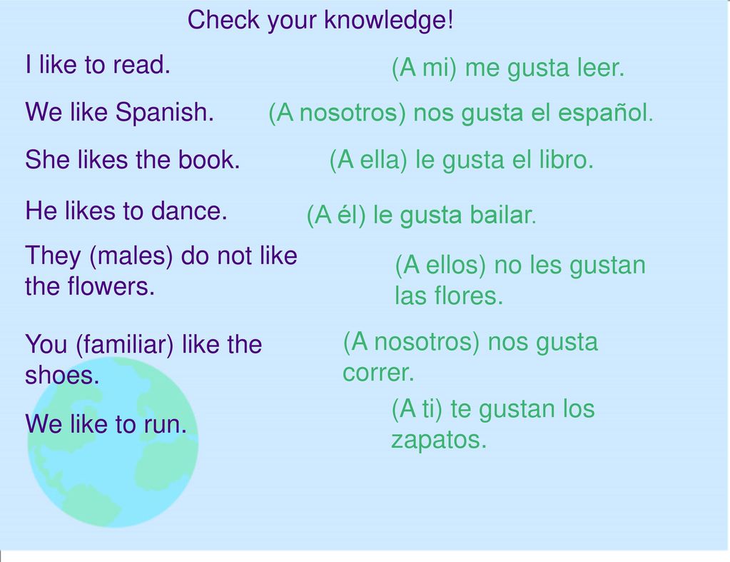 Check your knowledge! I like to read. (A mi) me gusta leer. We like Spanish. (A nosotros) nos gusta el español.