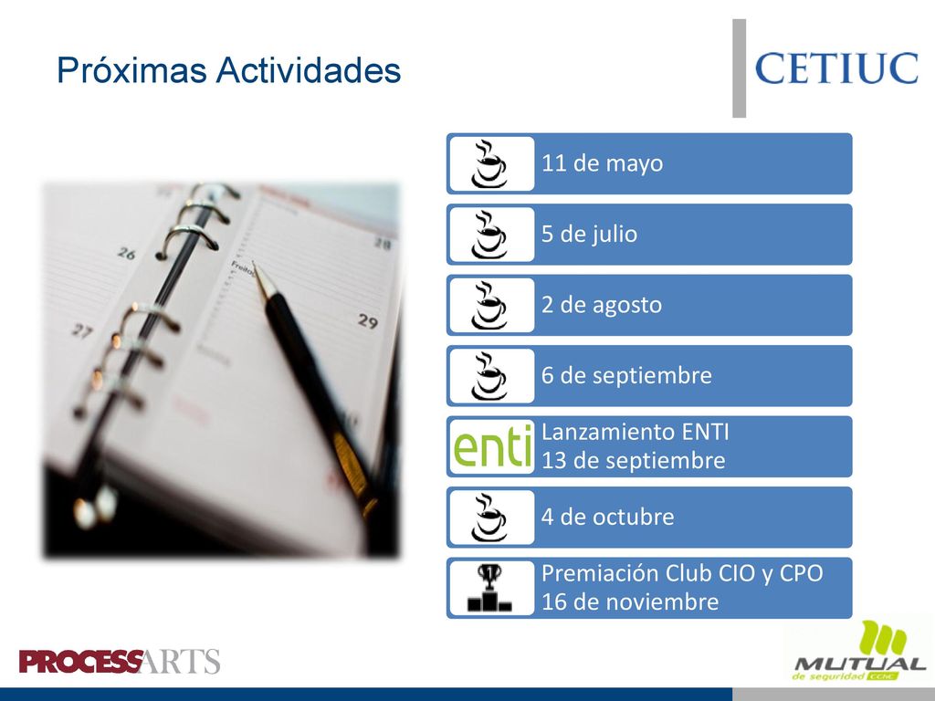 Próximas Actividades 11 de mayo 5 de julio 2 de agosto 6 de septiembre