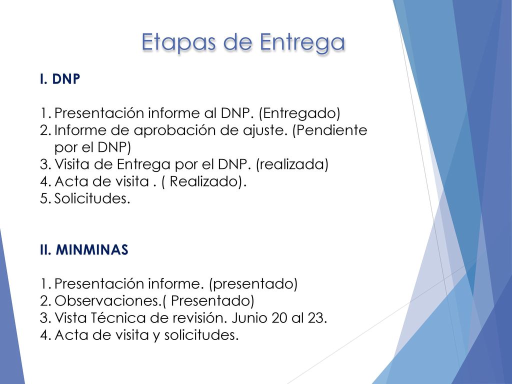 Etapas de Entrega I. DNP Presentación informe al DNP. (Entregado)