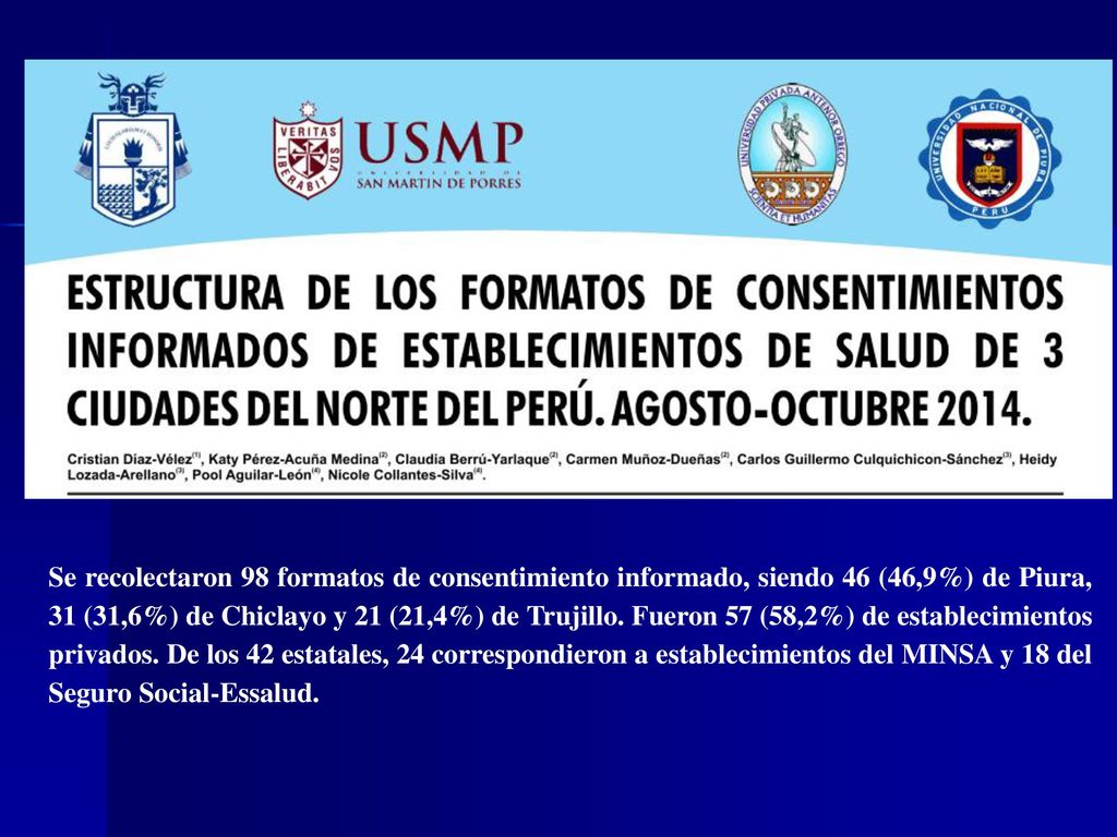 Se recolectaron 98 formatos de consentimiento informado, siendo 46 (46,9%) de Piura, 31 (31,6%) de Chiclayo y 21 (21,4%) de Trujillo.