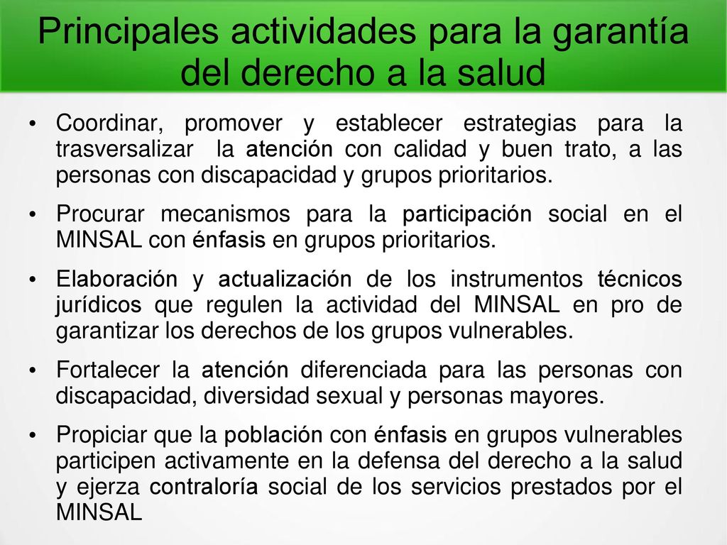 Principales actividades para la garantía del derecho a la salud