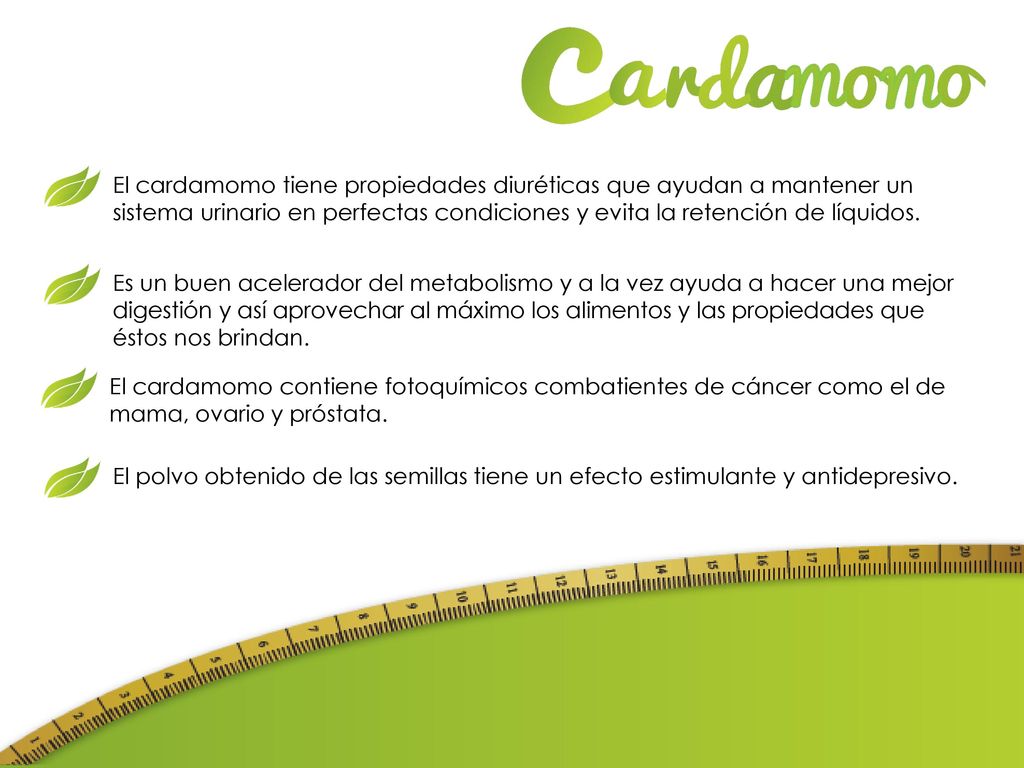 El cardamomo tiene propiedades diuréticas que ayudan a mantener un sistema urinario en perfectas condiciones y evita la retención de líquidos.