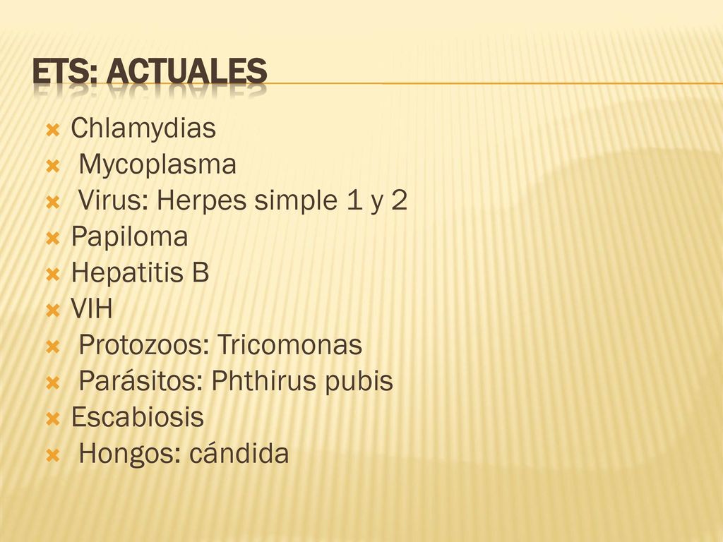 ETS: Actuales Chlamydias Mycoplasma Virus: Herpes simple 1 y 2