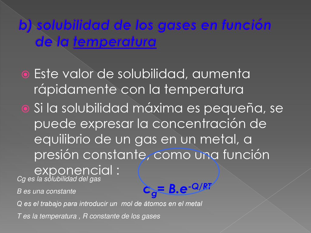 b) solubilidad de los gases en función de la temperatura