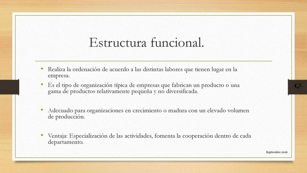 Estructura funcional. Realiza la ordenación de acuerdo a las distintas labores que tienen lugar en la empresa.