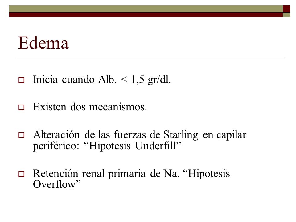 Edema Inicia cuando Alb. < 1,5 gr/dl. Existen dos mecanismos.