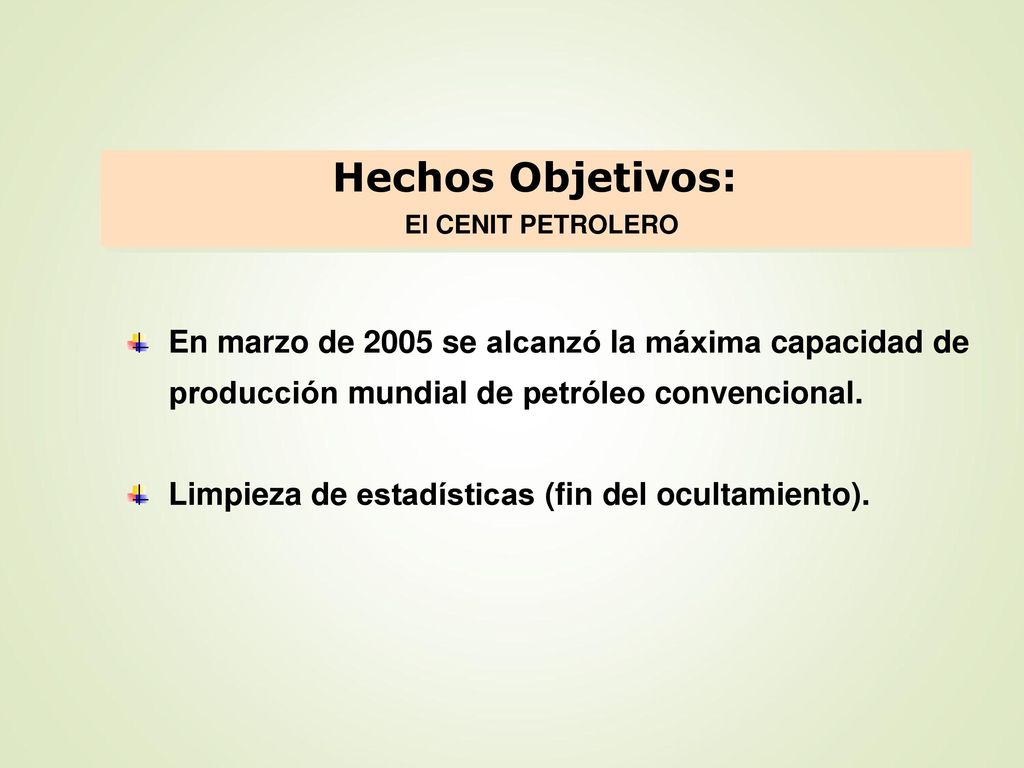 Hechos Objetivos: El CENIT PETROLERO. En marzo de 2005 se alcanzó la máxima capacidad de producción mundial de petróleo convencional.