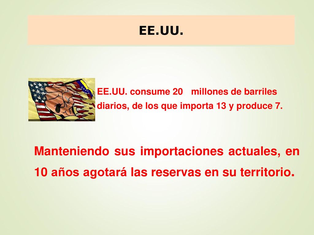 EE.UU. EE.UU. consume 20 millones de barriles diarios, de los que importa 13 y produce 7.
