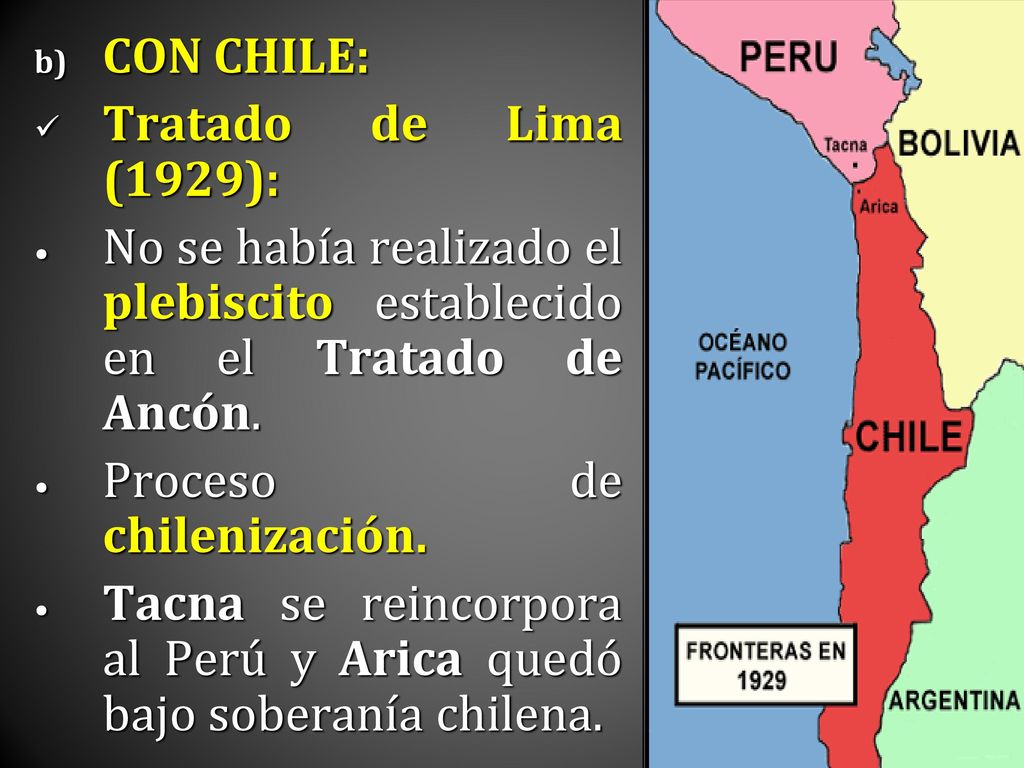 CON CHILE: Tratado de Lima (1929): No se había realizado el plebiscito establecido en el Tratado de Ancón.