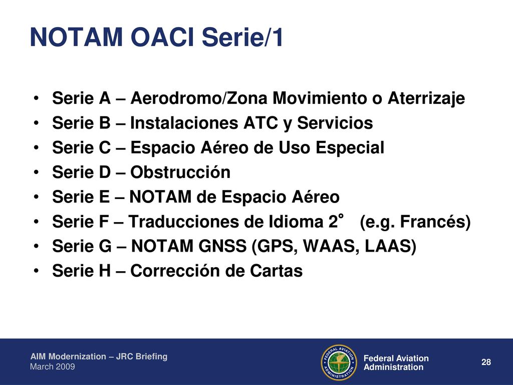 NOTAM OACI Serie/1 Serie A – Aerodromo/Zona Movimiento o Aterrizaje