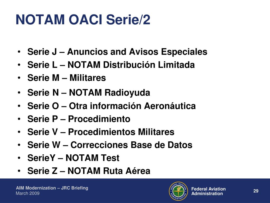 NOTAM OACI Serie/2 Serie J – Anuncios and Avisos Especiales