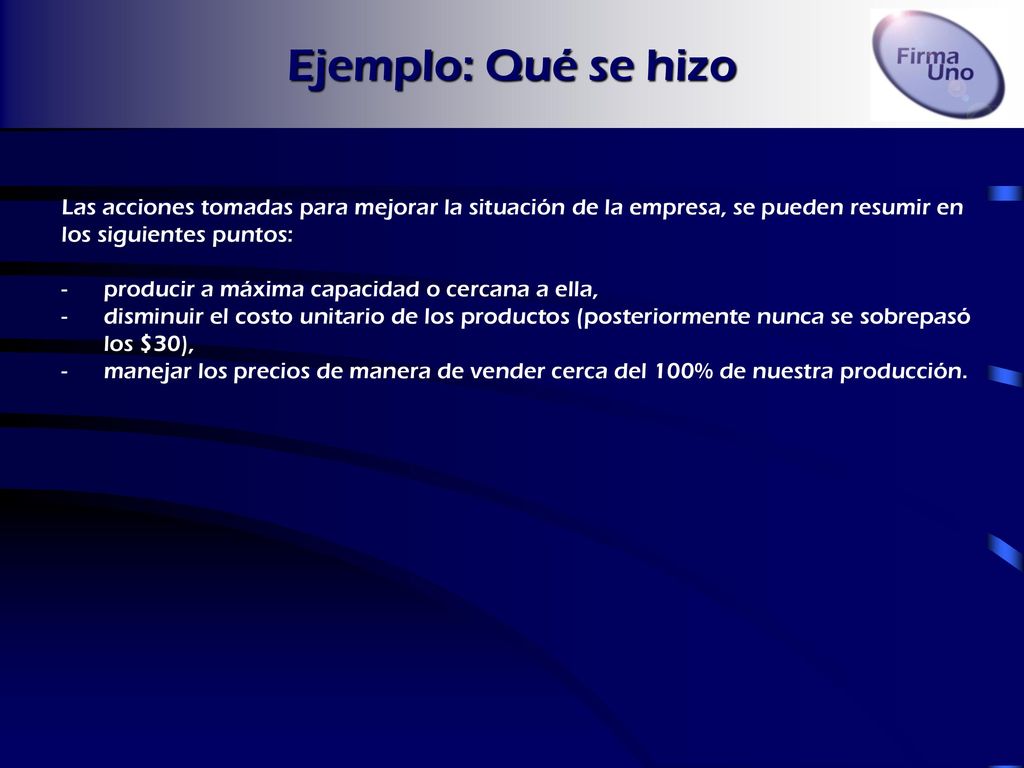 Ejemplo: Qué se hizo Las acciones tomadas para mejorar la situación de la empresa, se pueden resumir en.