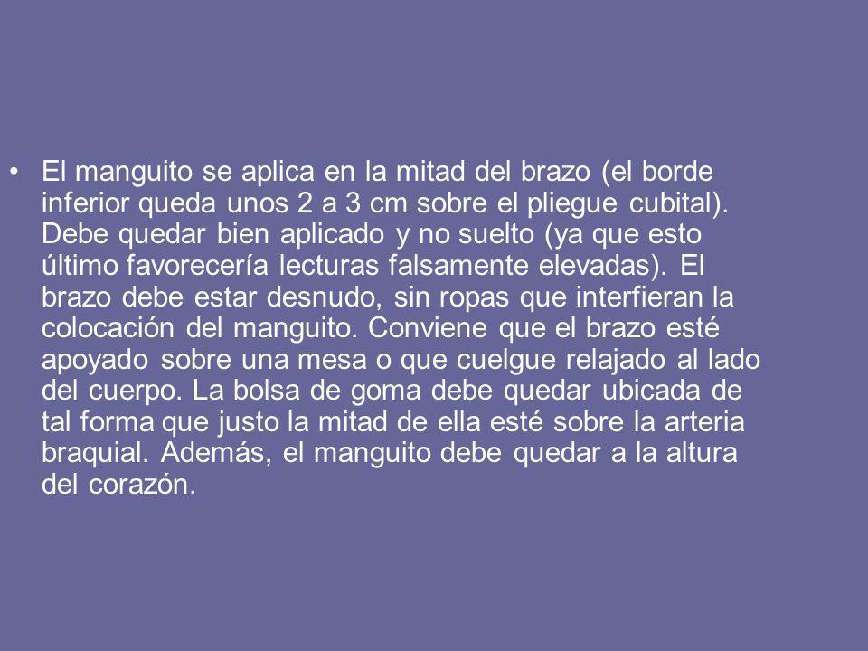 El manguito se aplica en la mitad del brazo (el borde inferior queda unos 2 a 3 cm sobre el pliegue cubital).