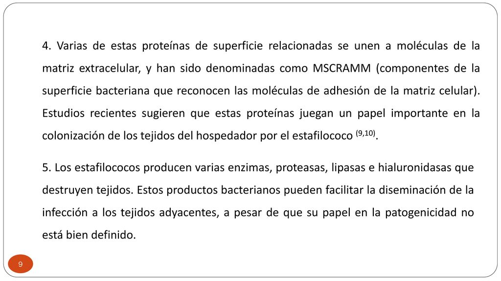 4. Varias de estas proteínas de superficie relacionadas se unen a moléculas de la matriz extracelular, y han sido denominadas como MSCRAMM (componentes de la superficie bacteriana que reconocen las moléculas de adhesión de la matriz celular). Estudios recientes sugieren que estas proteínas juegan un papel importante en la colonización de los tejidos del hospedador por el estafilococo (9,10).