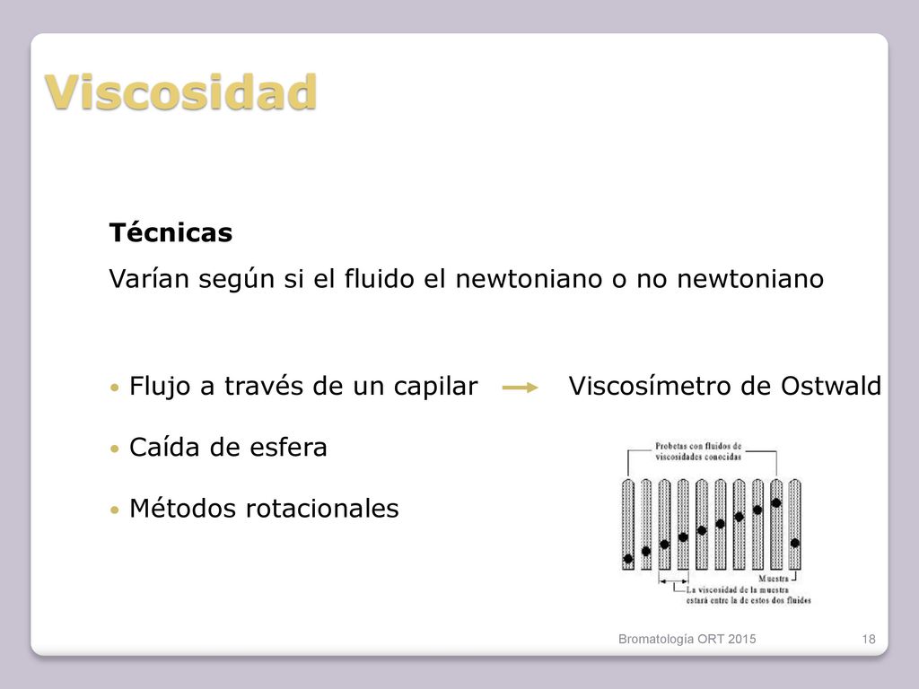 Viscosidad Técnicas. Varían según si el fluido el newtoniano o no newtoniano. Flujo a través de un capilar Viscosímetro de Ostwald.