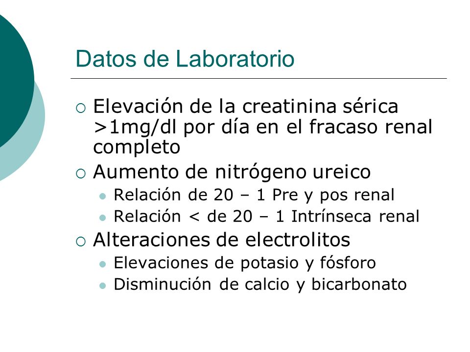 Datos de Laboratorio Elevación de la creatinina sérica >1mg/dl por día en el fracaso renal completo.