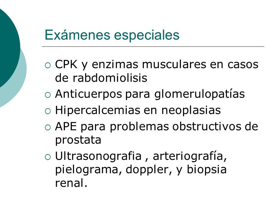 Exámenes especiales CPK y enzimas musculares en casos de rabdomiolisis