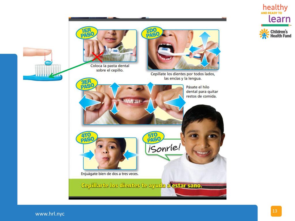 Facilitator Notes: Brush teeth, gums and tongue with a pea-sized amount of fluoride toothpaste. (emphasize that they only need a pea-sized amount of tooth paste for children and adults). Floss between teeth to remove food bits. Brush at least two times a day and after eating sticky foods. Floss at least once a day.