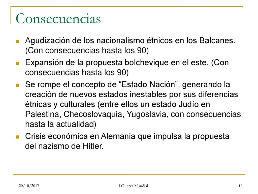 Consecuencias Agudización de los nacionalismo étnicos en los Balcanes. (Con consecuencias hasta los 90)