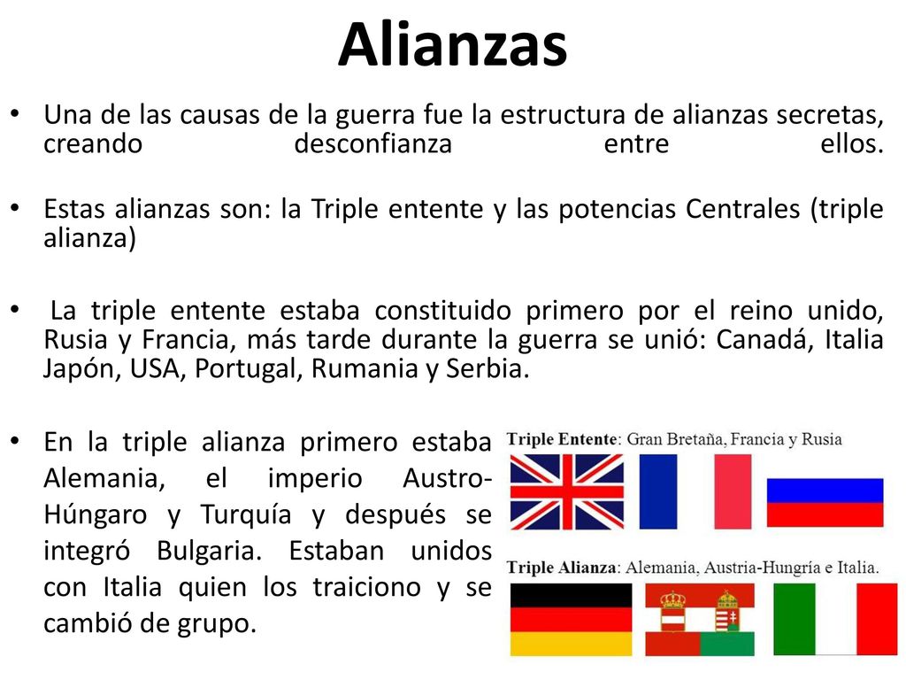 Alianzas Una de las causas de la guerra fue la estructura de alianzas secretas, creando desconfianza entre ellos.