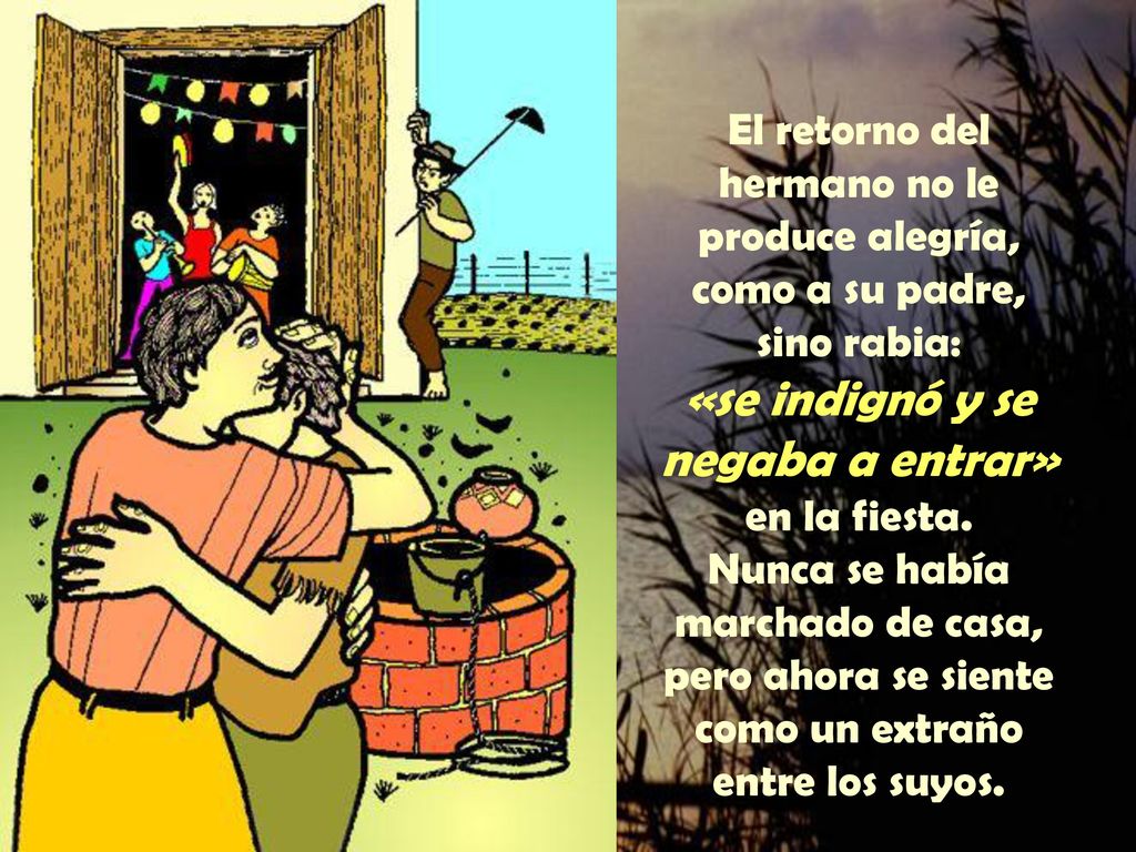 El retorno del hermano no le produce alegría, como a su padre, sino rabia: «se indignó y se negaba a entrar» en la fiesta.