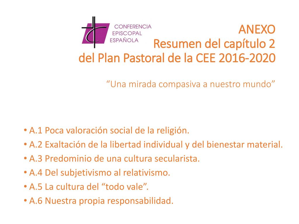 ANEXO Resumen del capítulo 2 del Plan Pastoral de la CEE Una mirada compasiva a nuestro mundo