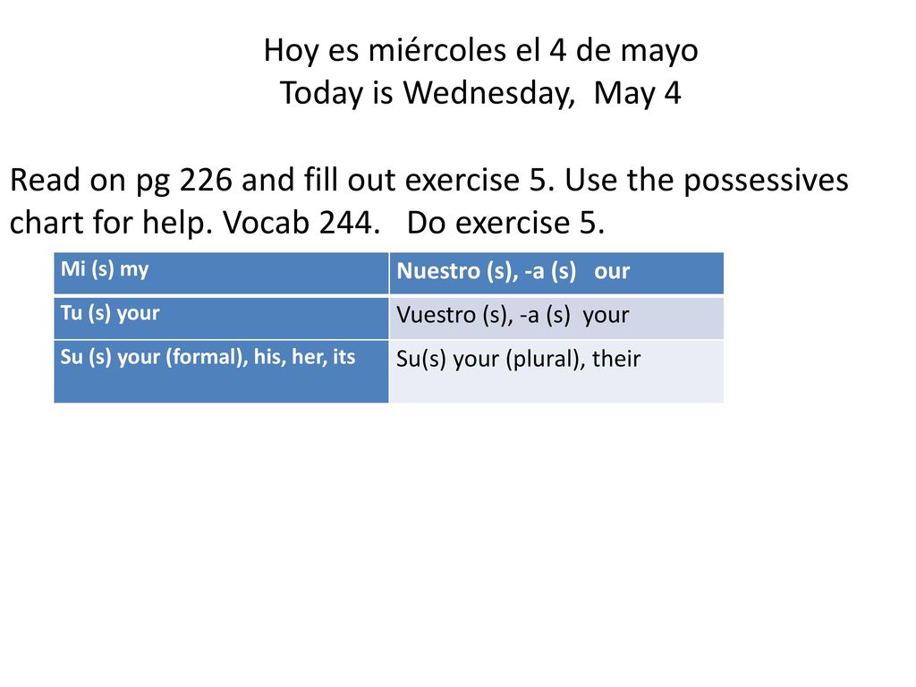 Hoy es miércoles el 4 de mayo Today is Wednesday, May 4