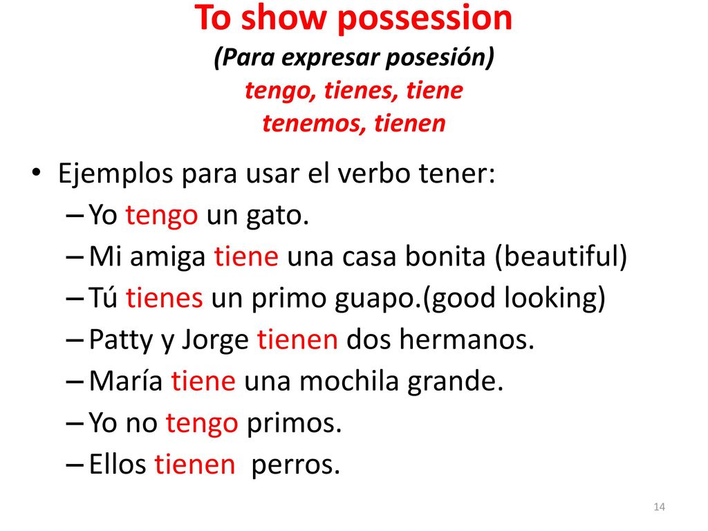 To show possession (Para expresar posesión) tengo, tienes, tiene tenemos, tienen