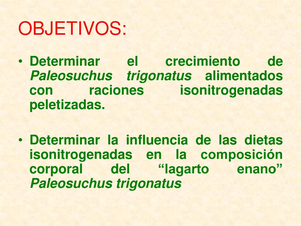 OBJETIVOS: Determinar el crecimiento de Paleosuchus trigonatus alimentados con raciones isonitrogenadas peletizadas.