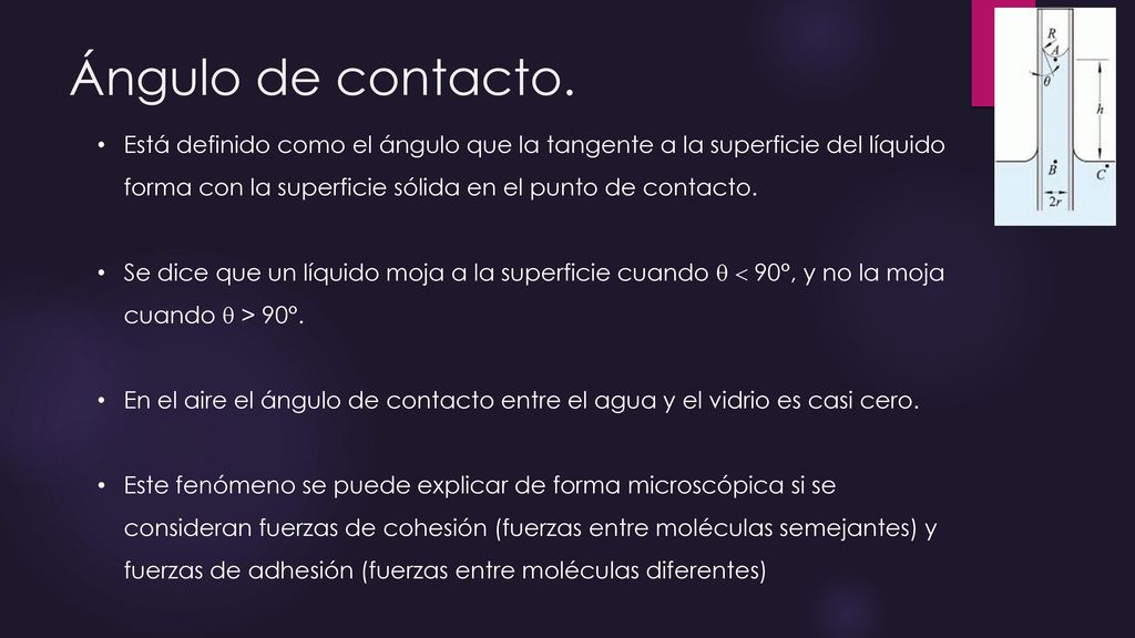 Ángulo de contacto. Está definido como el ángulo que la tangente a la superficie del líquido forma con la superficie sólida en el punto de contacto.