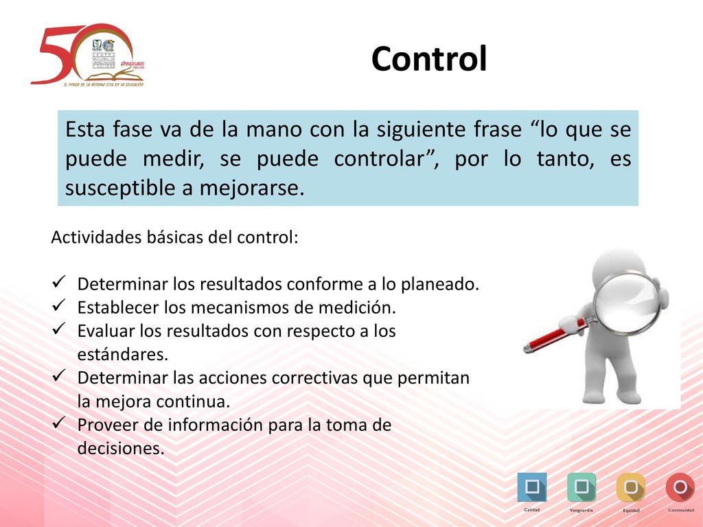Control Esta fase va de la mano con la siguiente frase lo que se puede medir, se puede controlar , por lo tanto, es susceptible a mejorarse.